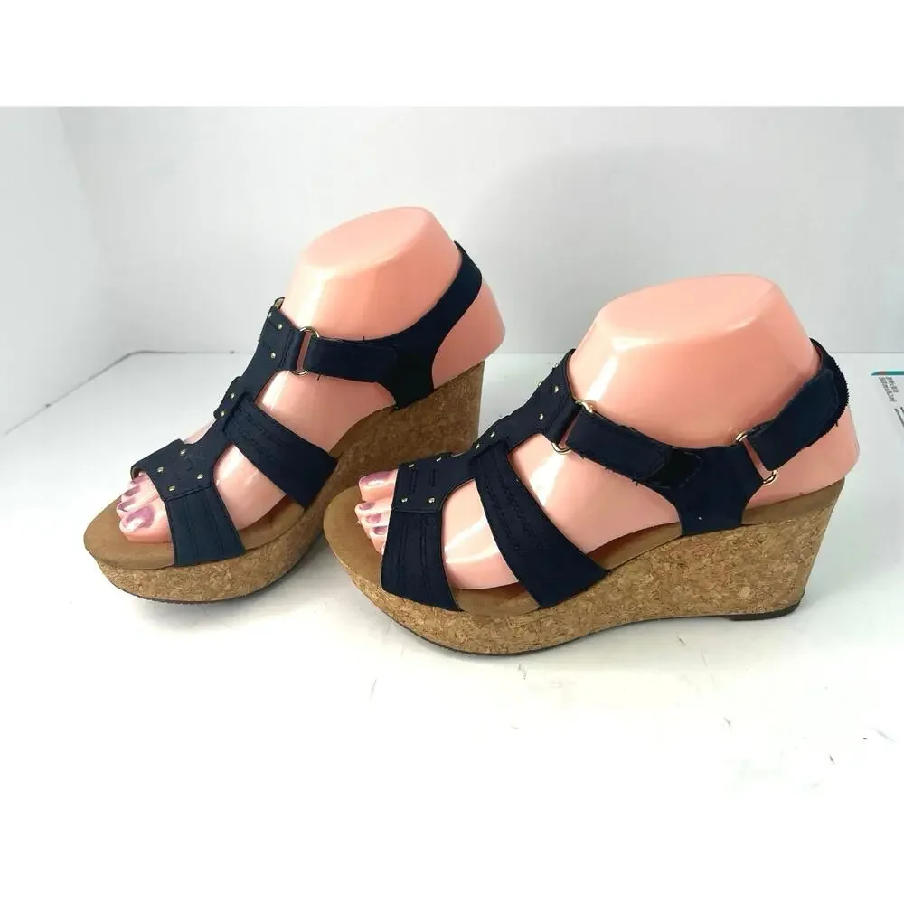 Clarks Annadel Wedge Sandals Women‎ 6.5 Blue Excellent Suede Cork Platform
